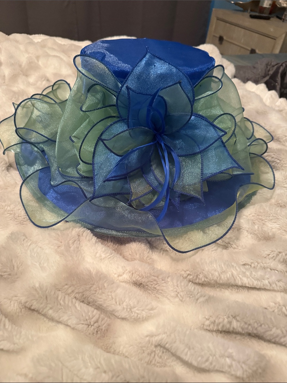 Blue & Green Decorative Floral Organza Women's derby Hat